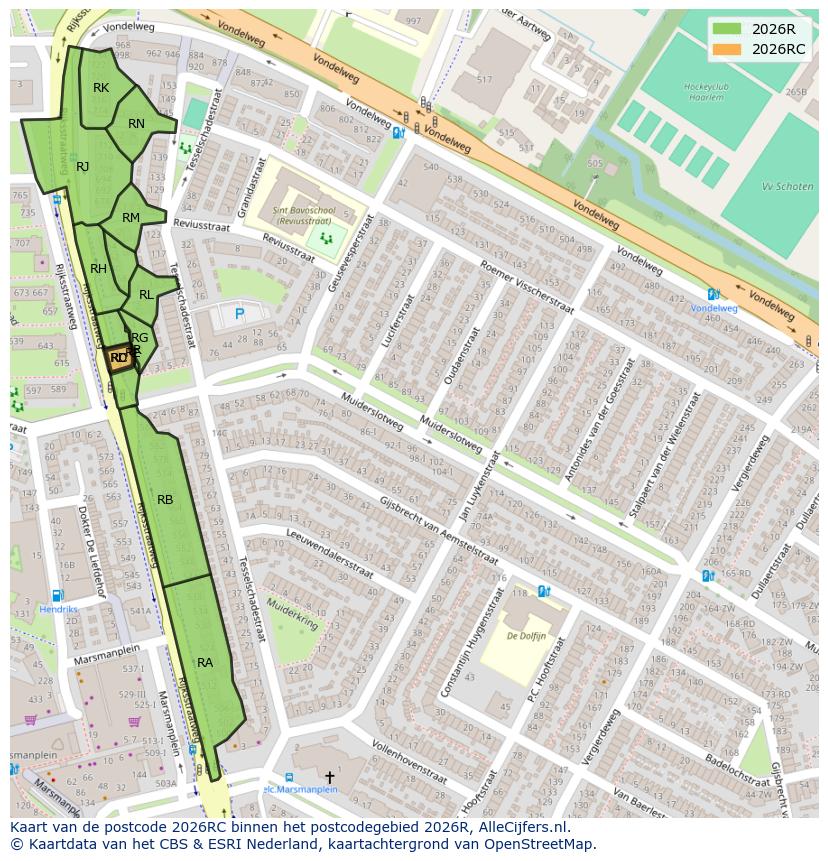 Afbeelding van het postcodegebied 2026 RC op de kaart.