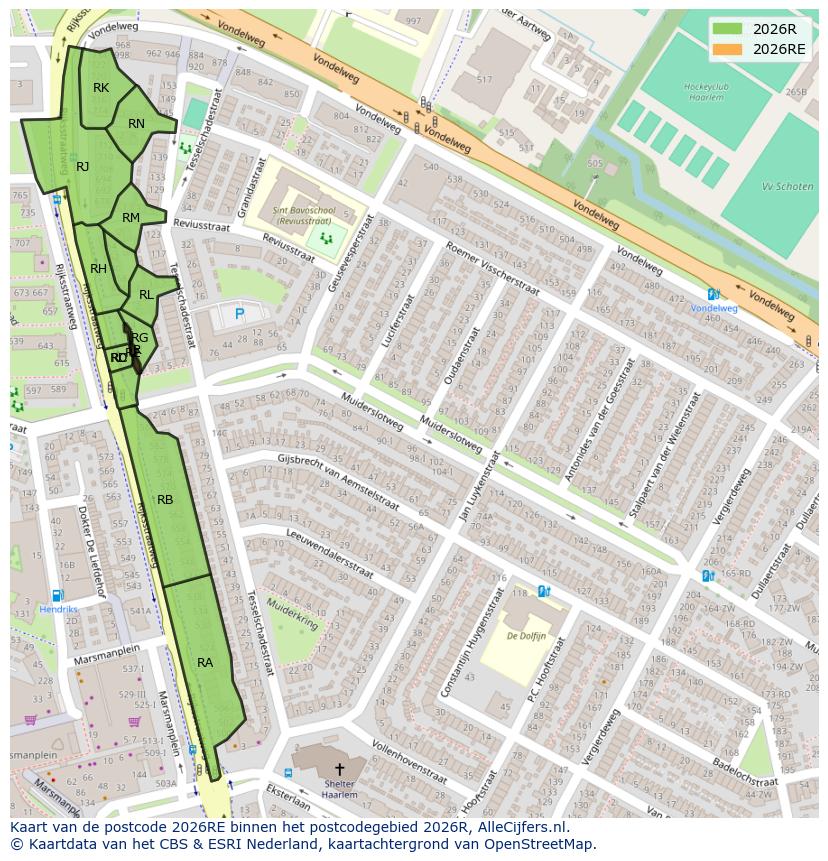 Afbeelding van het postcodegebied 2026 RE op de kaart.
