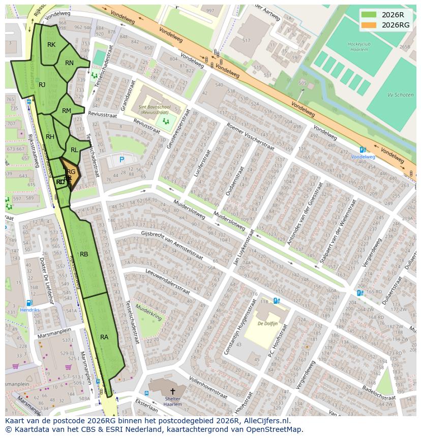 Afbeelding van het postcodegebied 2026 RG op de kaart.