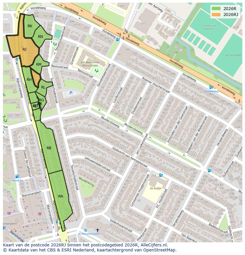 Afbeelding van het postcodegebied 2026 RJ op de kaart.