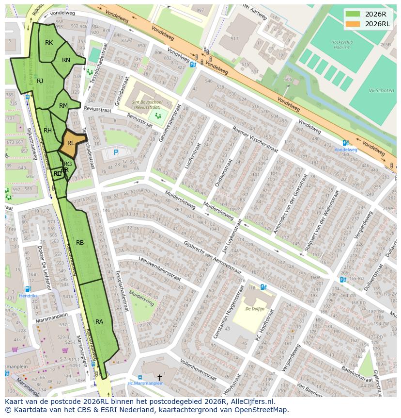 Afbeelding van het postcodegebied 2026 RL op de kaart.