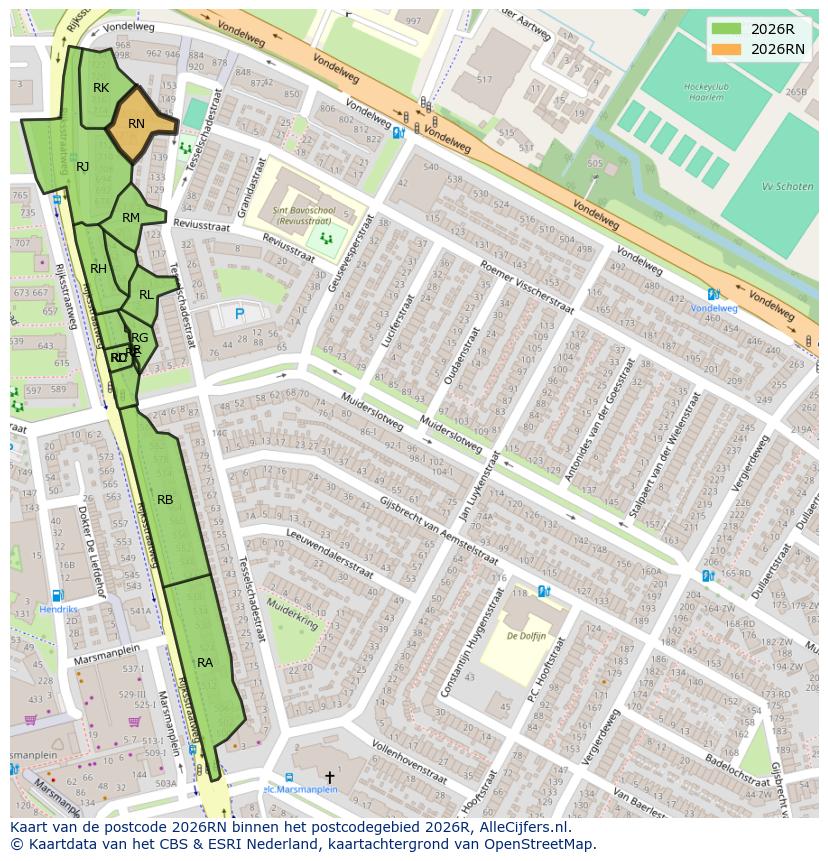 Afbeelding van het postcodegebied 2026 RN op de kaart.
