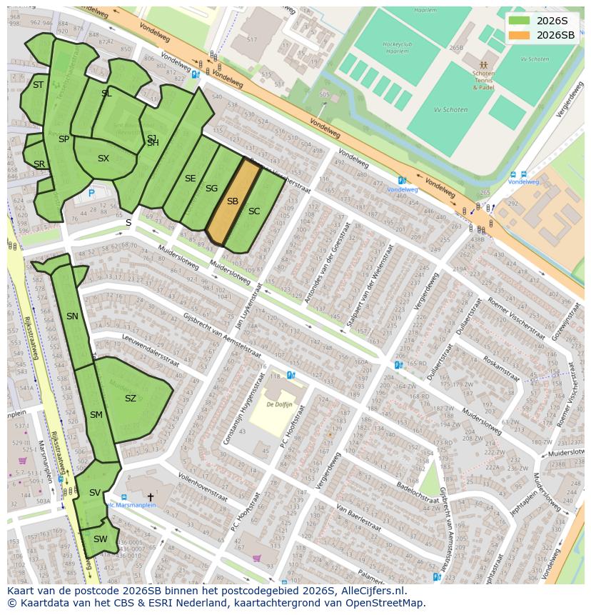 Afbeelding van het postcodegebied 2026 SB op de kaart.