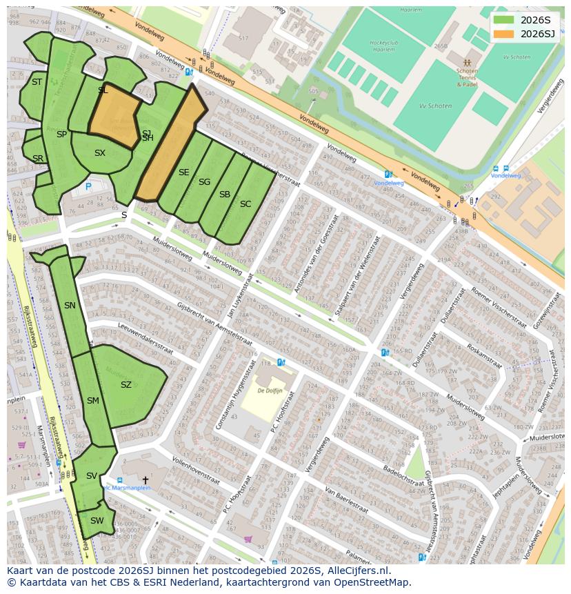 Afbeelding van het postcodegebied 2026 SJ op de kaart.