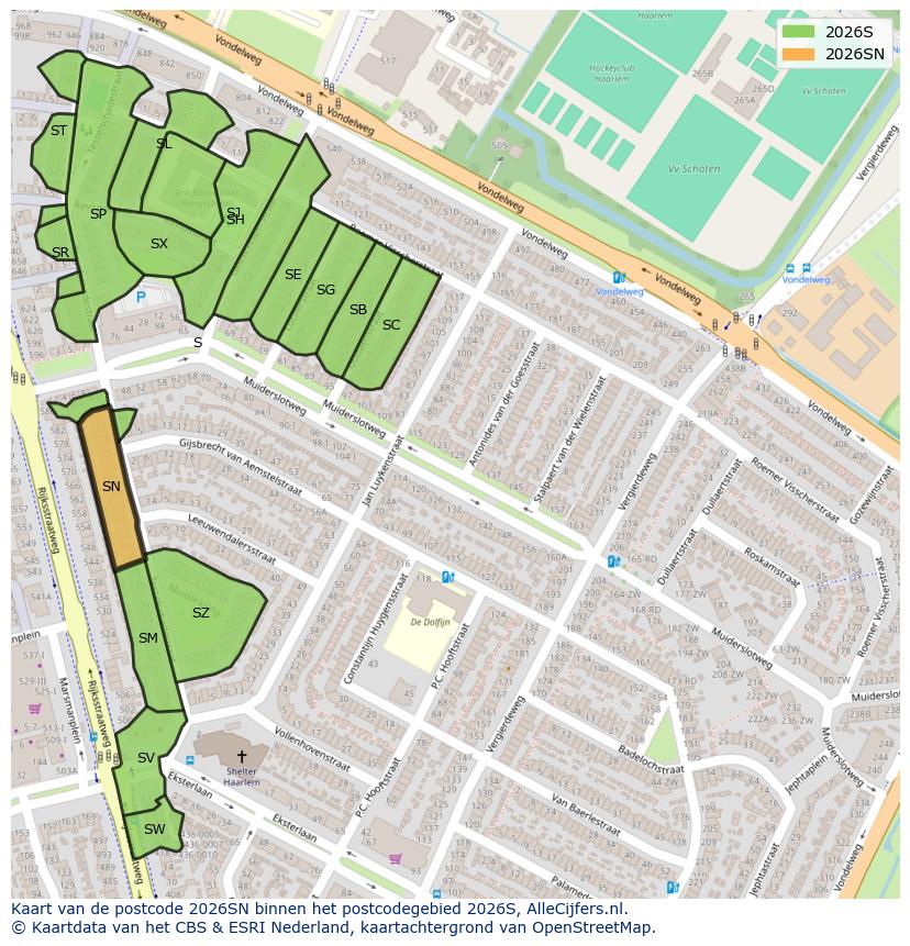 Afbeelding van het postcodegebied 2026 SN op de kaart.