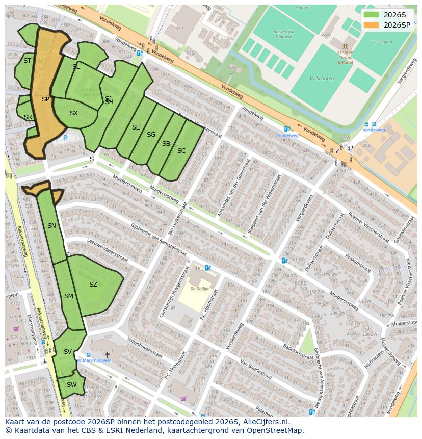 Afbeelding van het postcodegebied 2026 SP op de kaart.
