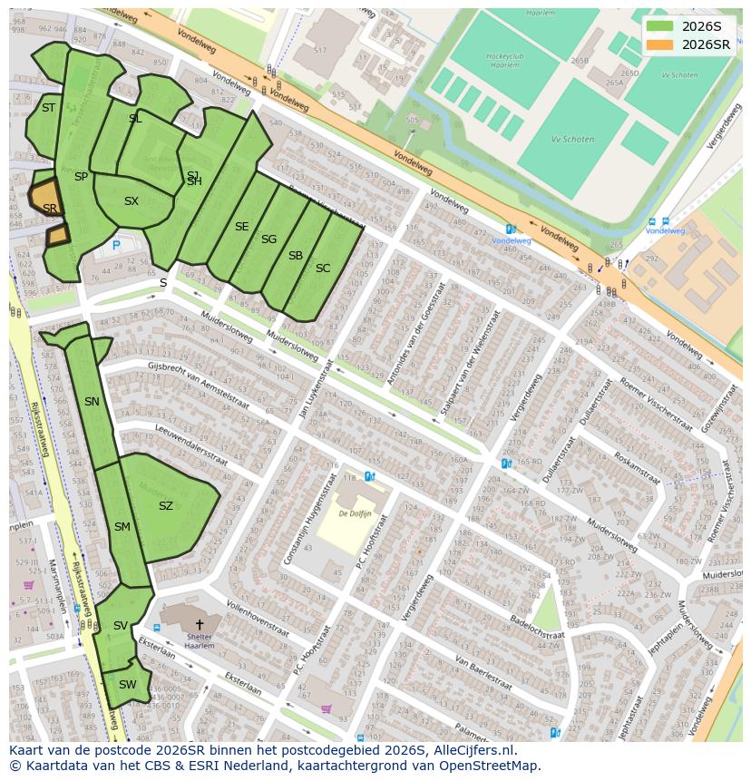 Afbeelding van het postcodegebied 2026 SR op de kaart.