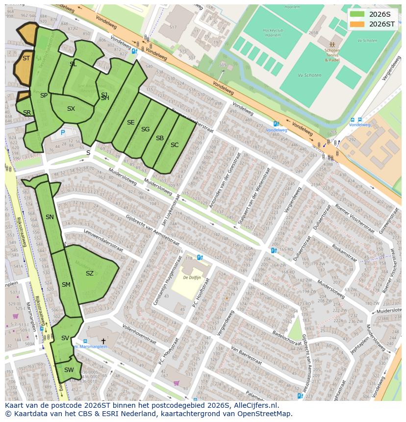 Afbeelding van het postcodegebied 2026 ST op de kaart.