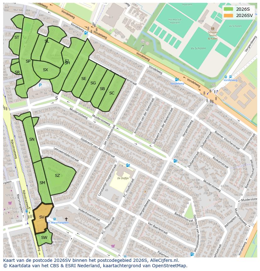 Afbeelding van het postcodegebied 2026 SV op de kaart.