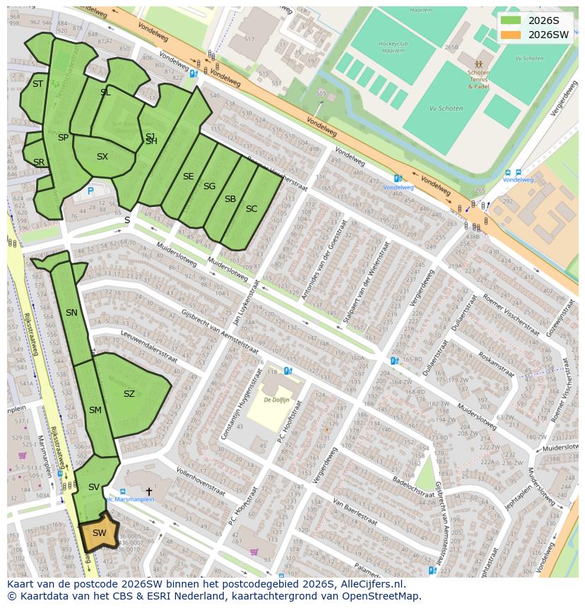 Afbeelding van het postcodegebied 2026 SW op de kaart.