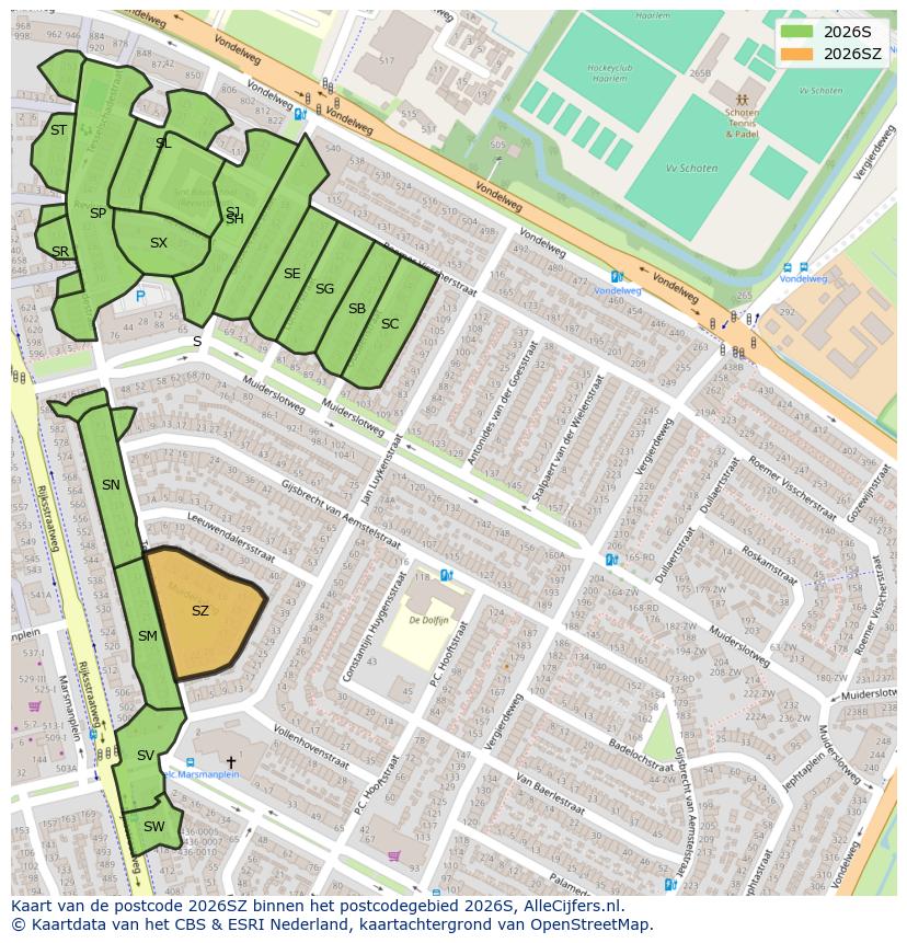 Afbeelding van het postcodegebied 2026 SZ op de kaart.