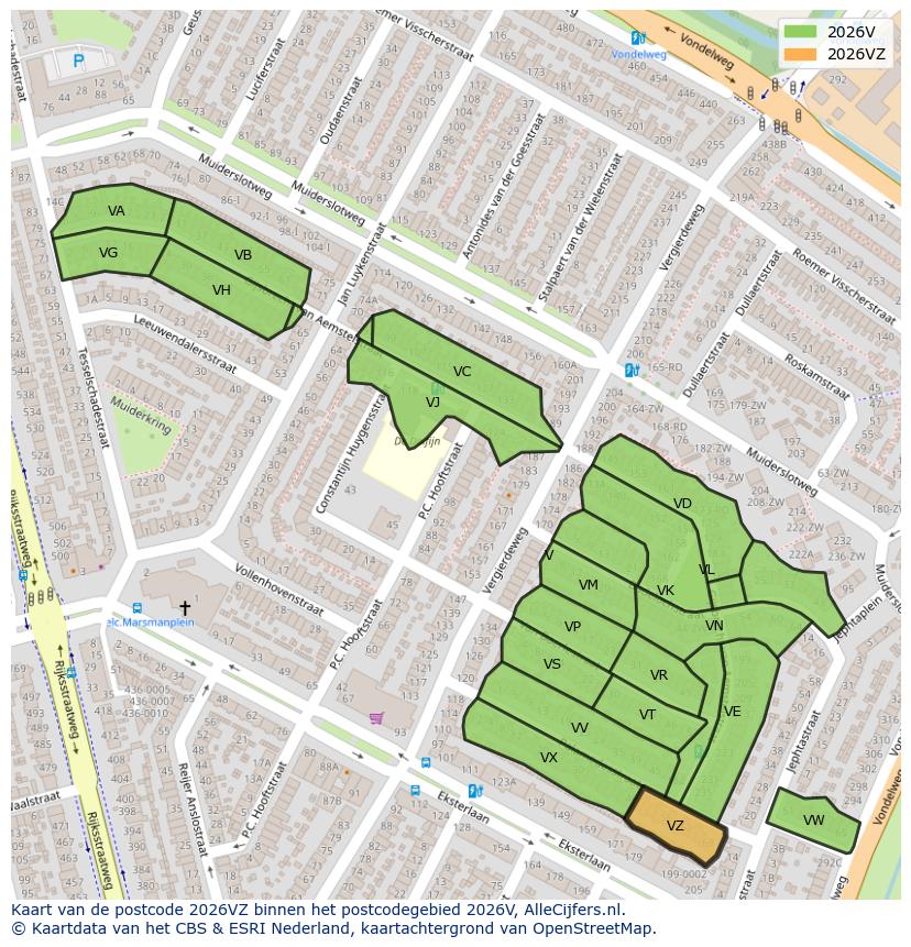 Afbeelding van het postcodegebied 2026 VZ op de kaart.
