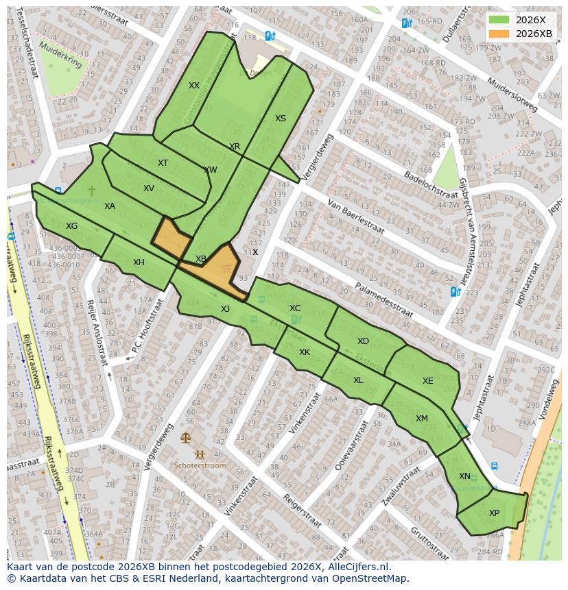 Afbeelding van het postcodegebied 2026 XB op de kaart.