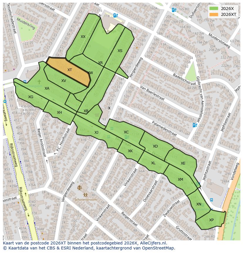 Afbeelding van het postcodegebied 2026 XT op de kaart.
