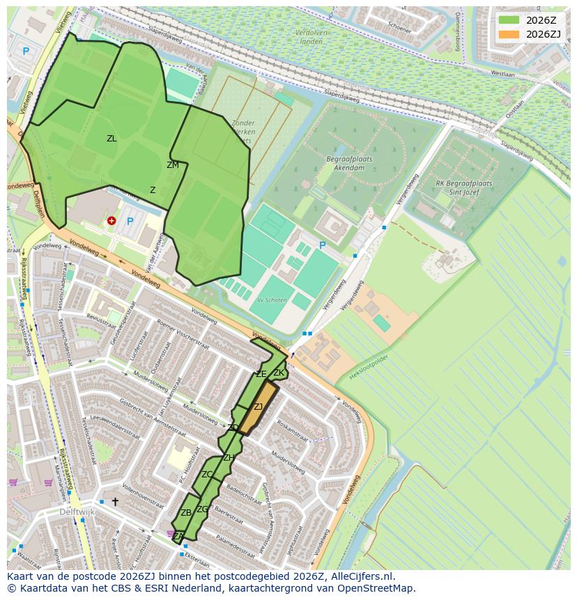Afbeelding van het postcodegebied 2026 ZJ op de kaart.