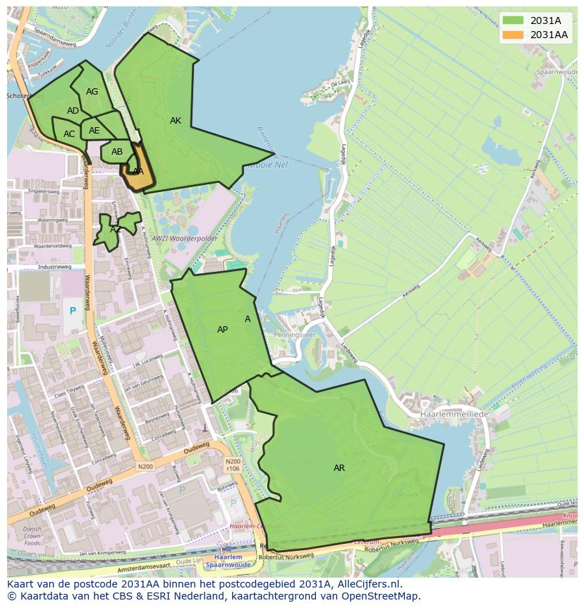 Afbeelding van het postcodegebied 2031 AA op de kaart.