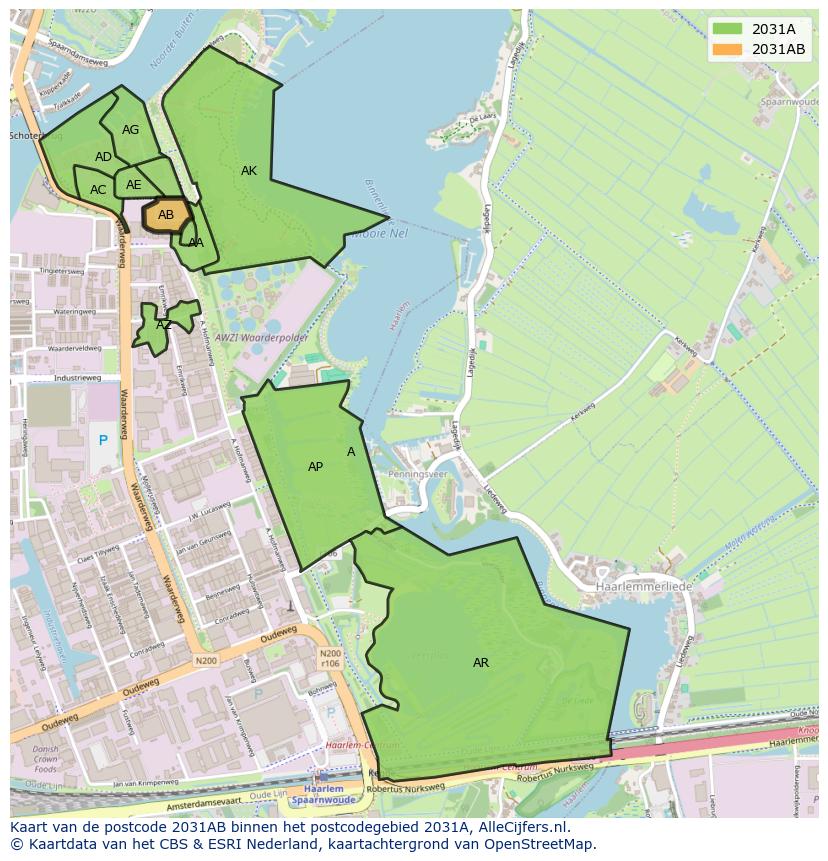 Afbeelding van het postcodegebied 2031 AB op de kaart.