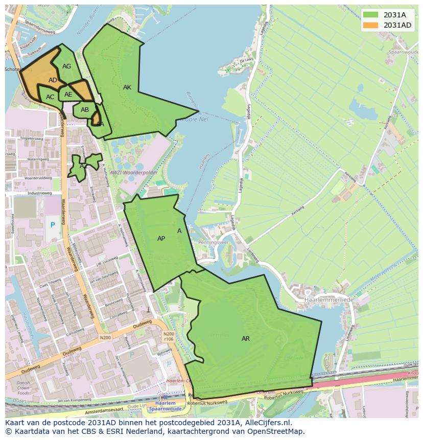 Afbeelding van het postcodegebied 2031 AD op de kaart.