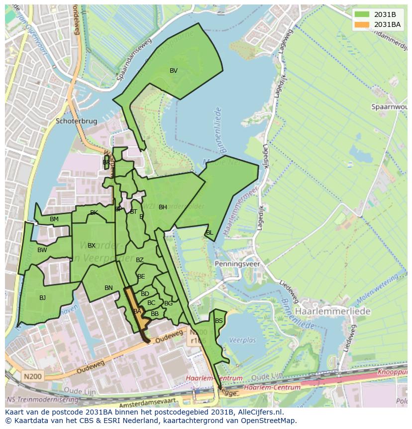 Afbeelding van het postcodegebied 2031 BA op de kaart.