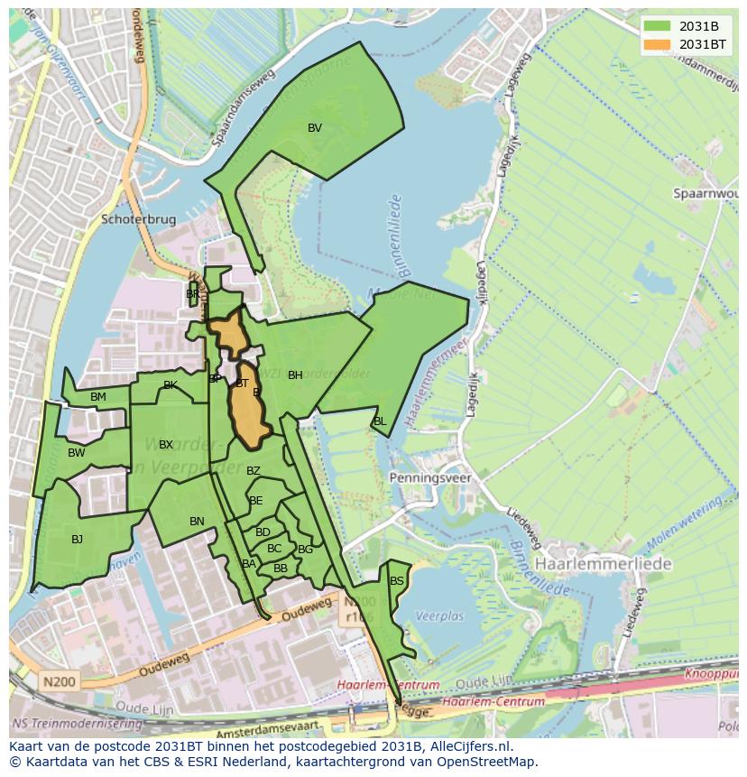 Afbeelding van het postcodegebied 2031 BT op de kaart.