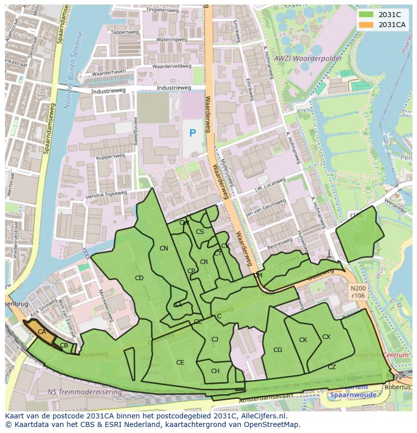 Afbeelding van het postcodegebied 2031 CA op de kaart.