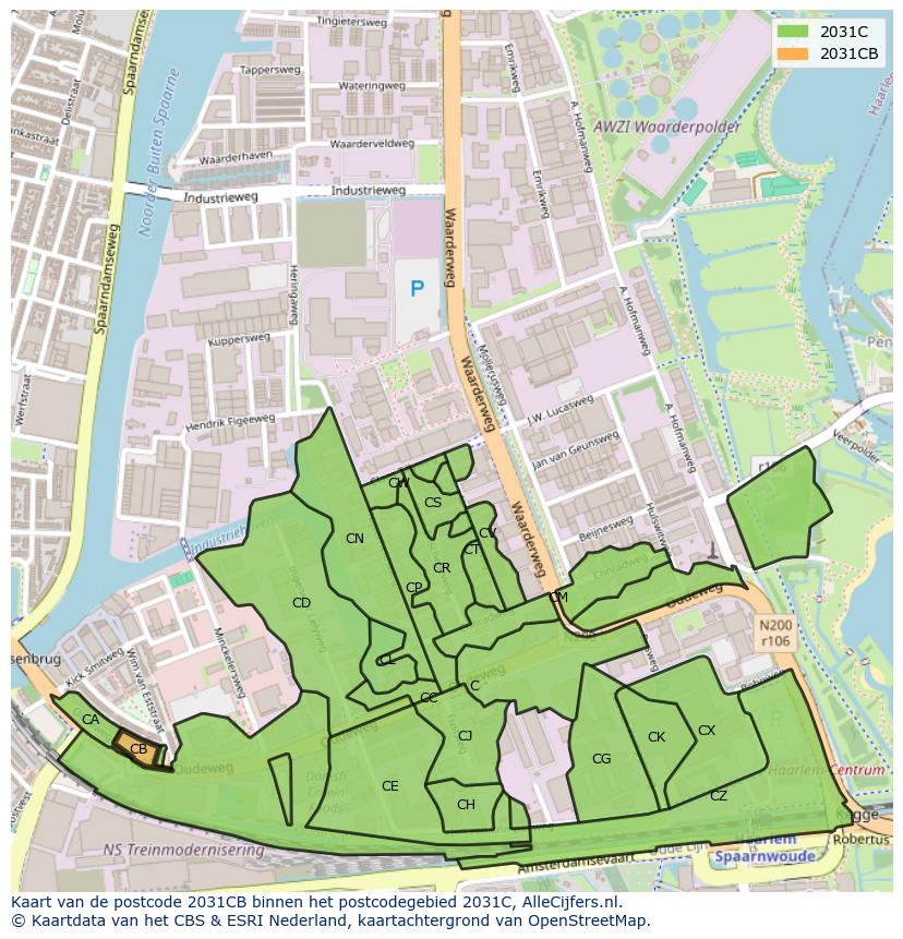 Afbeelding van het postcodegebied 2031 CB op de kaart.