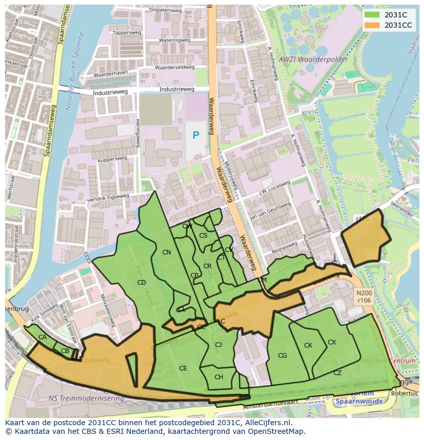 Afbeelding van het postcodegebied 2031 CC op de kaart.