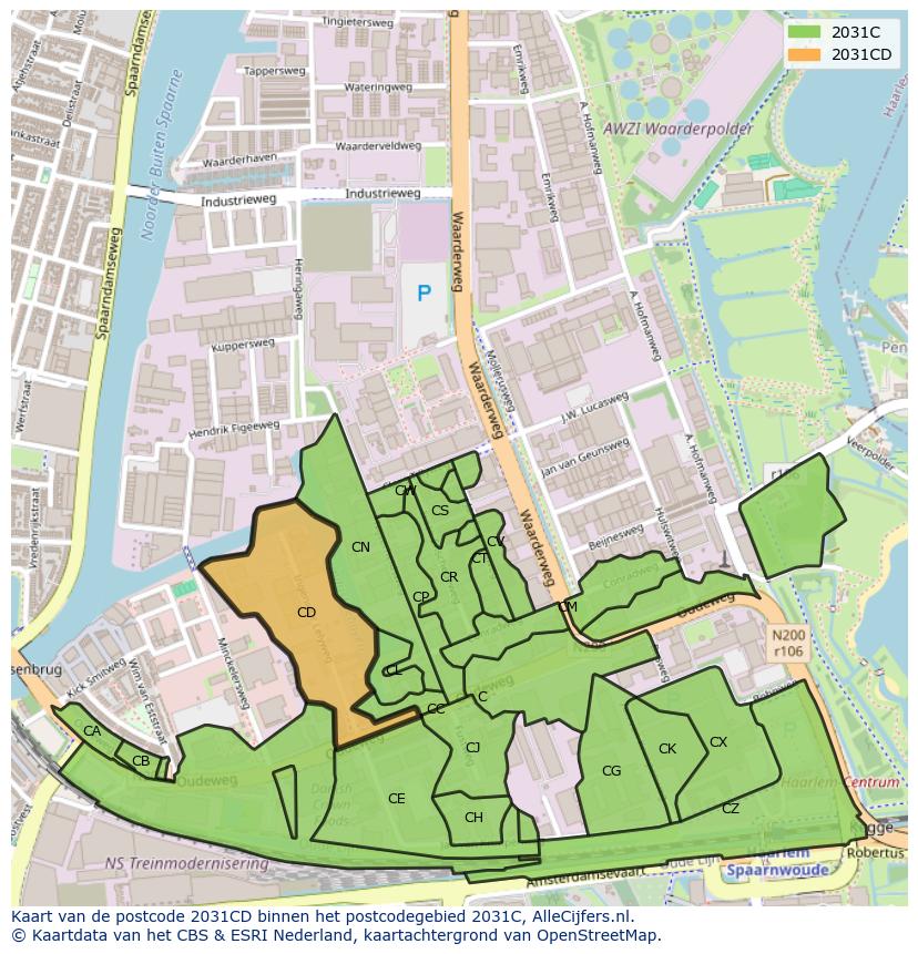 Afbeelding van het postcodegebied 2031 CD op de kaart.