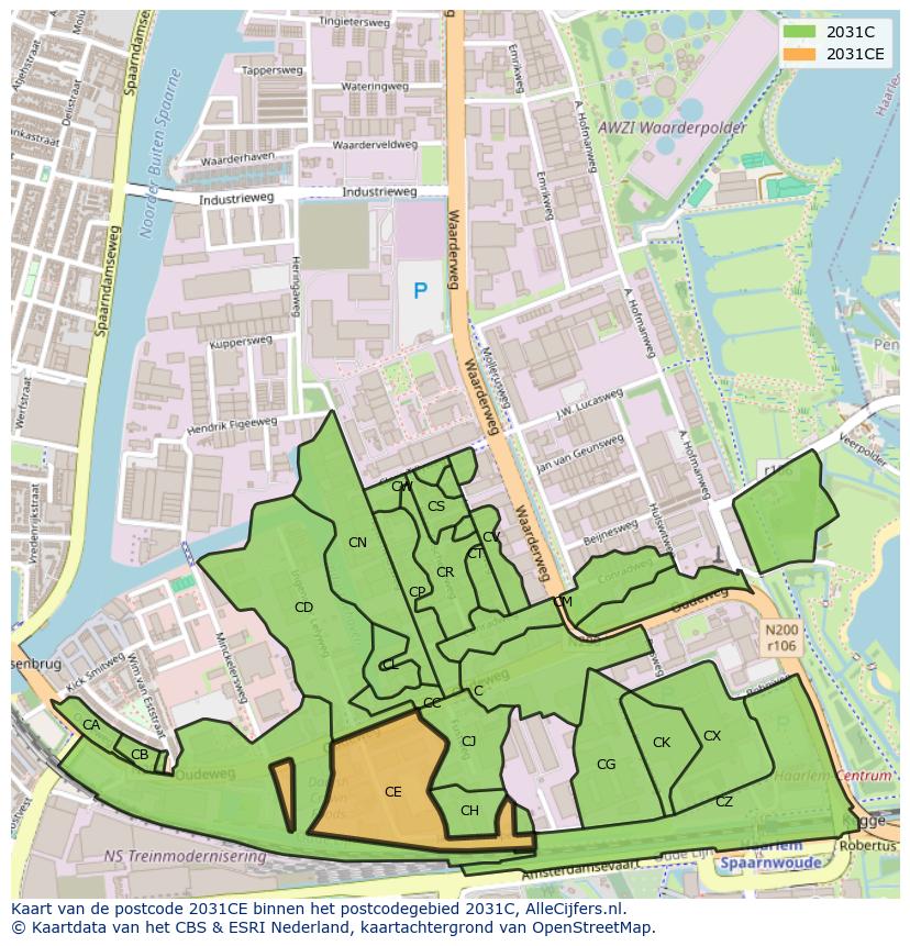 Afbeelding van het postcodegebied 2031 CE op de kaart.