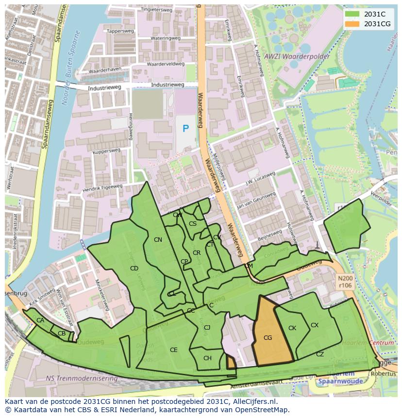 Afbeelding van het postcodegebied 2031 CG op de kaart.