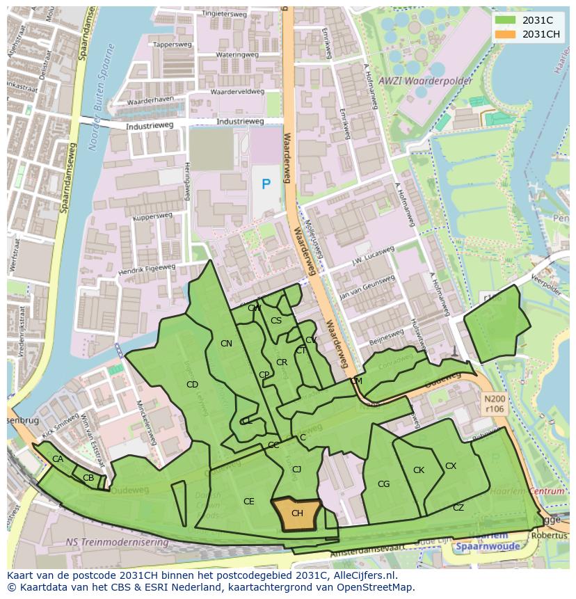 Afbeelding van het postcodegebied 2031 CH op de kaart.