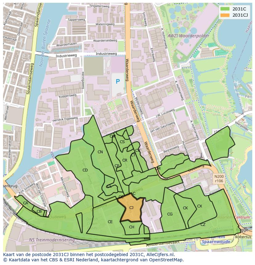 Afbeelding van het postcodegebied 2031 CJ op de kaart.