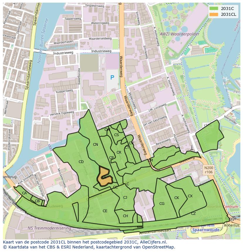 Afbeelding van het postcodegebied 2031 CL op de kaart.
