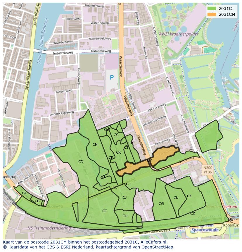 Afbeelding van het postcodegebied 2031 CM op de kaart.