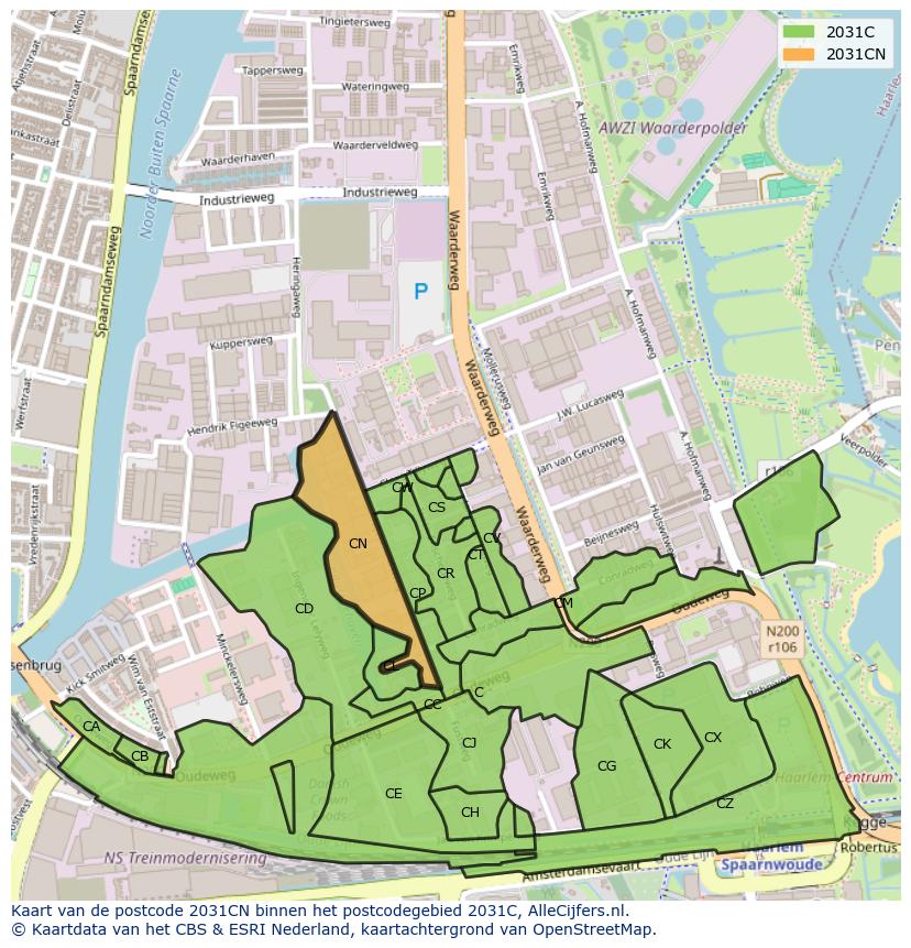 Afbeelding van het postcodegebied 2031 CN op de kaart.