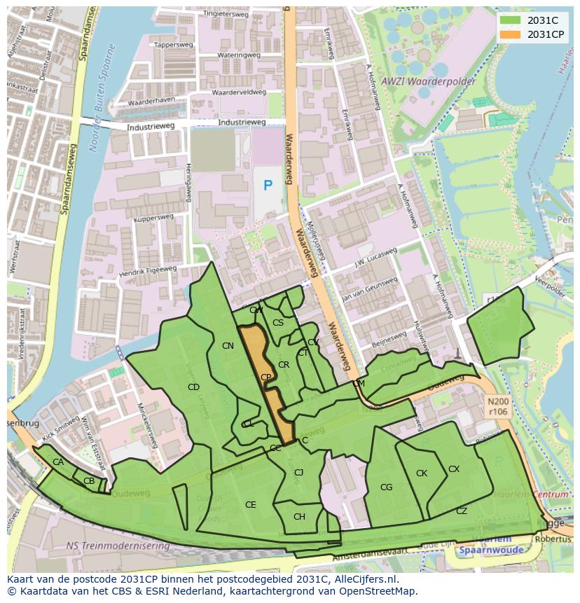 Afbeelding van het postcodegebied 2031 CP op de kaart.