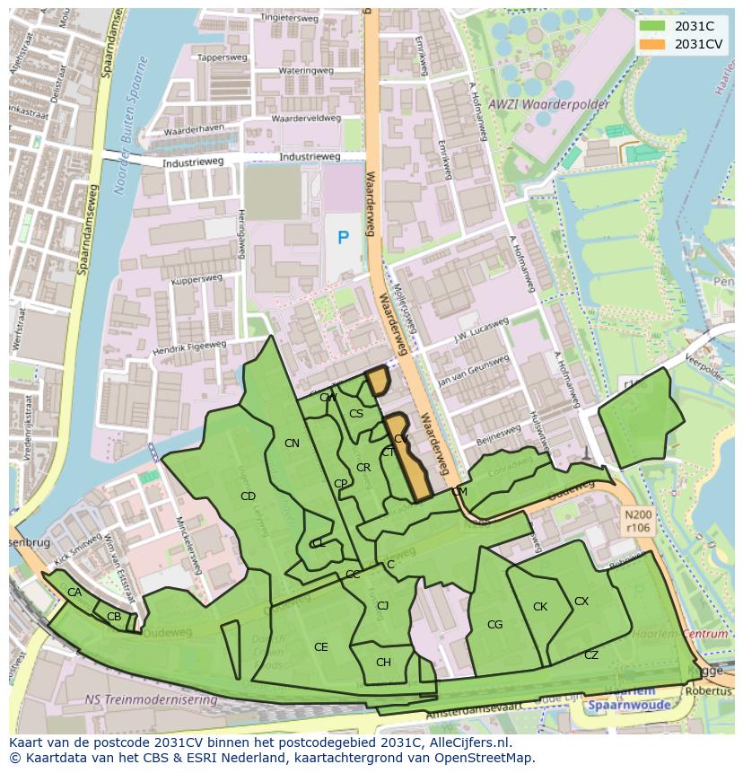 Afbeelding van het postcodegebied 2031 CV op de kaart.