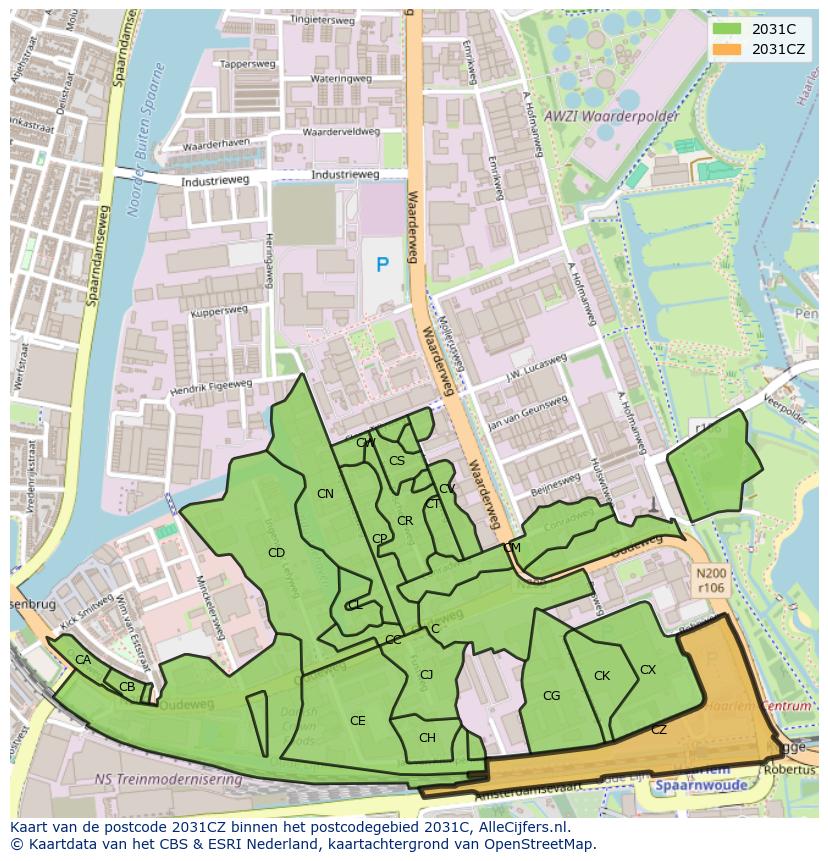 Afbeelding van het postcodegebied 2031 CZ op de kaart.
