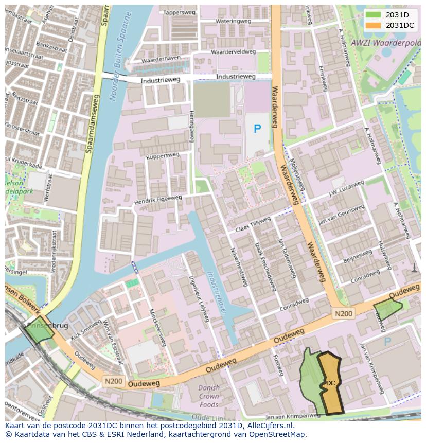 Afbeelding van het postcodegebied 2031 DC op de kaart.