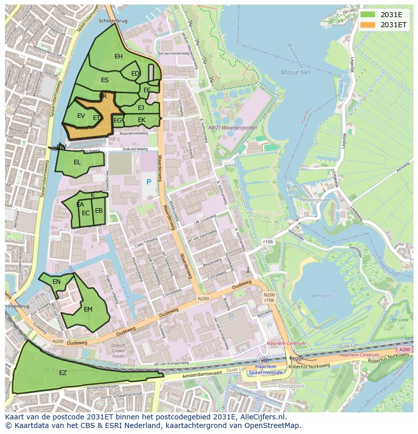 Afbeelding van het postcodegebied 2031 ET op de kaart.