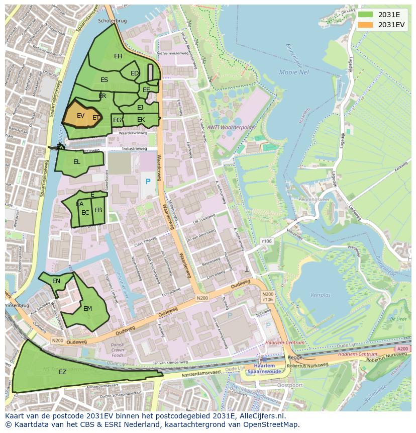 Afbeelding van het postcodegebied 2031 EV op de kaart.