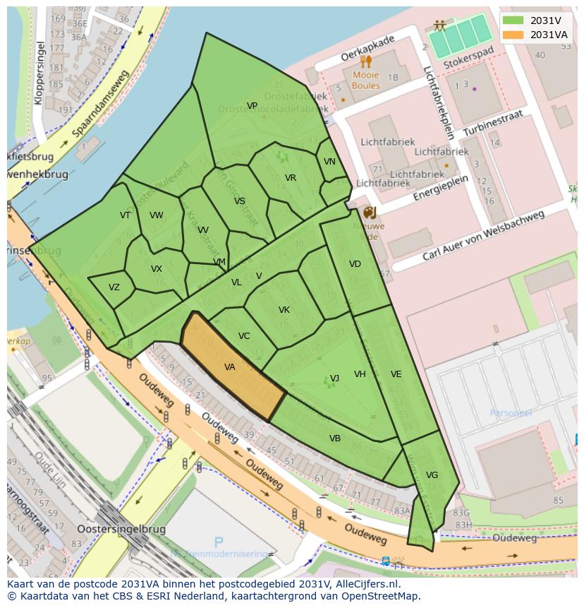 Afbeelding van het postcodegebied 2031 VA op de kaart.