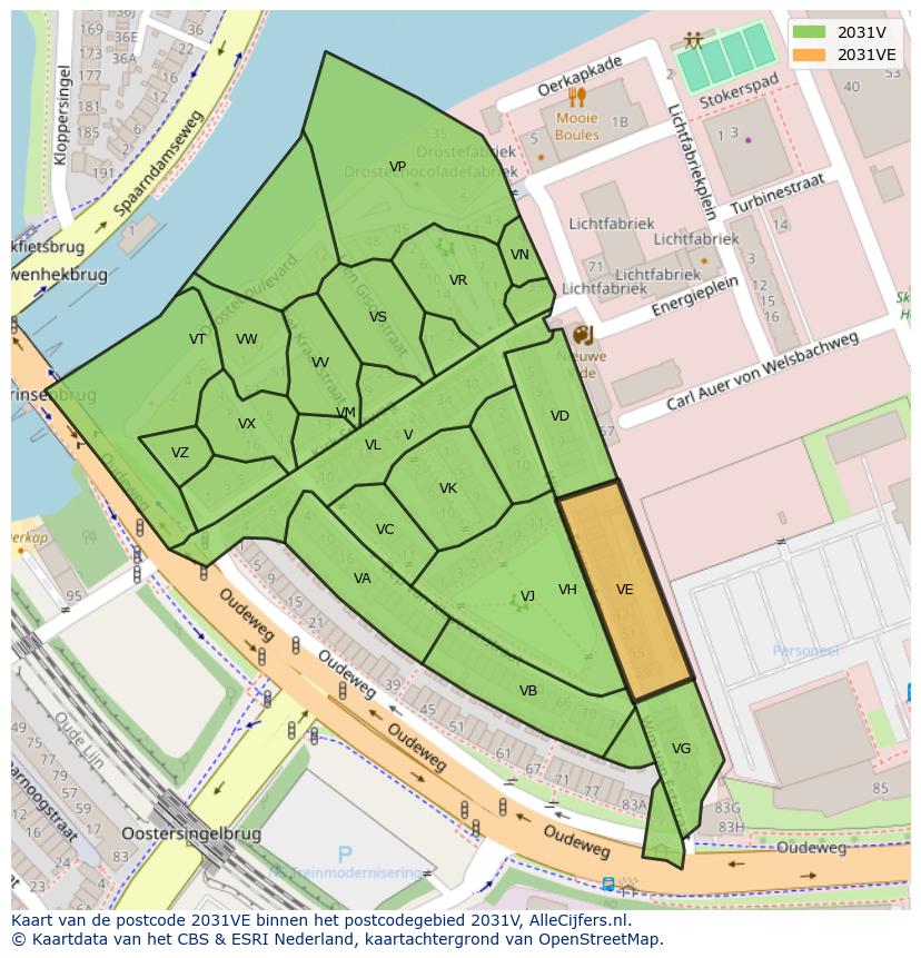 Afbeelding van het postcodegebied 2031 VE op de kaart.