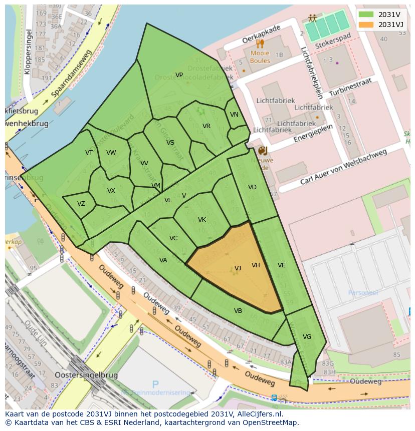Afbeelding van het postcodegebied 2031 VJ op de kaart.
