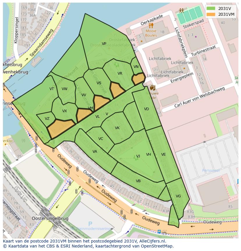 Afbeelding van het postcodegebied 2031 VM op de kaart.