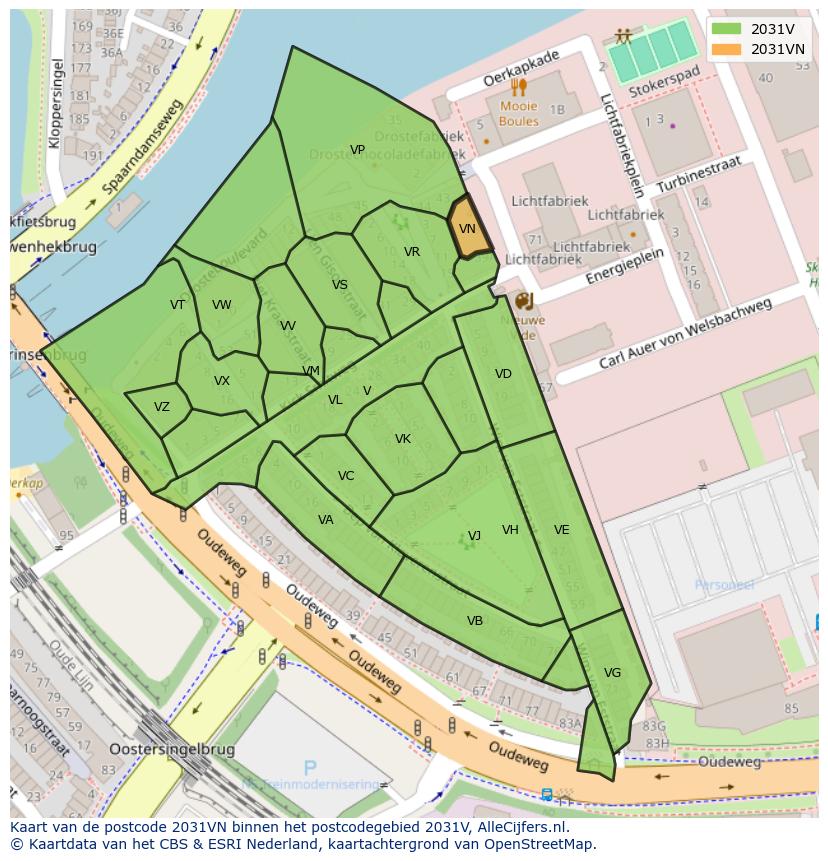 Afbeelding van het postcodegebied 2031 VN op de kaart.
