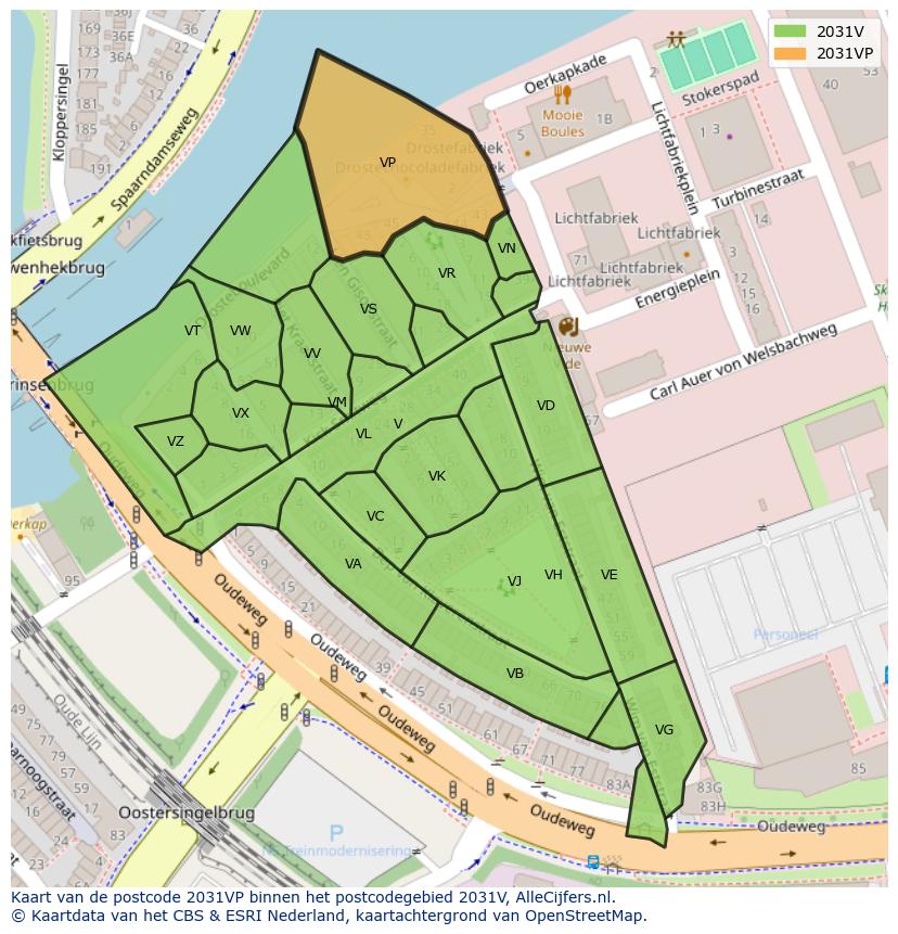 Afbeelding van het postcodegebied 2031 VP op de kaart.