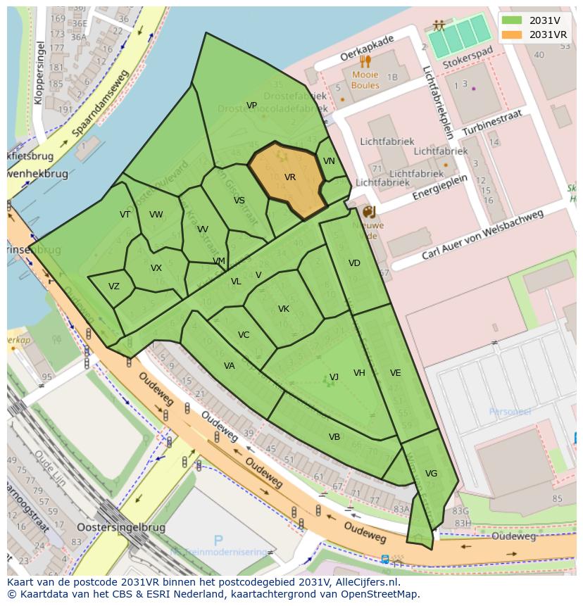 Afbeelding van het postcodegebied 2031 VR op de kaart.