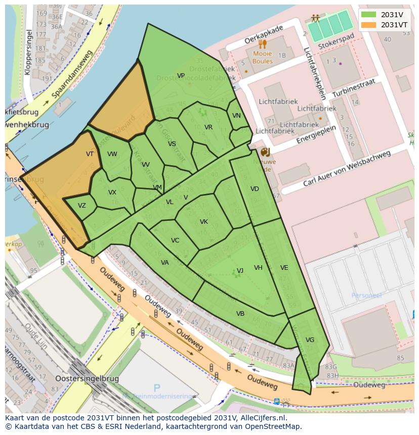 Afbeelding van het postcodegebied 2031 VT op de kaart.