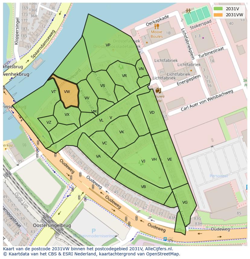Afbeelding van het postcodegebied 2031 VW op de kaart.